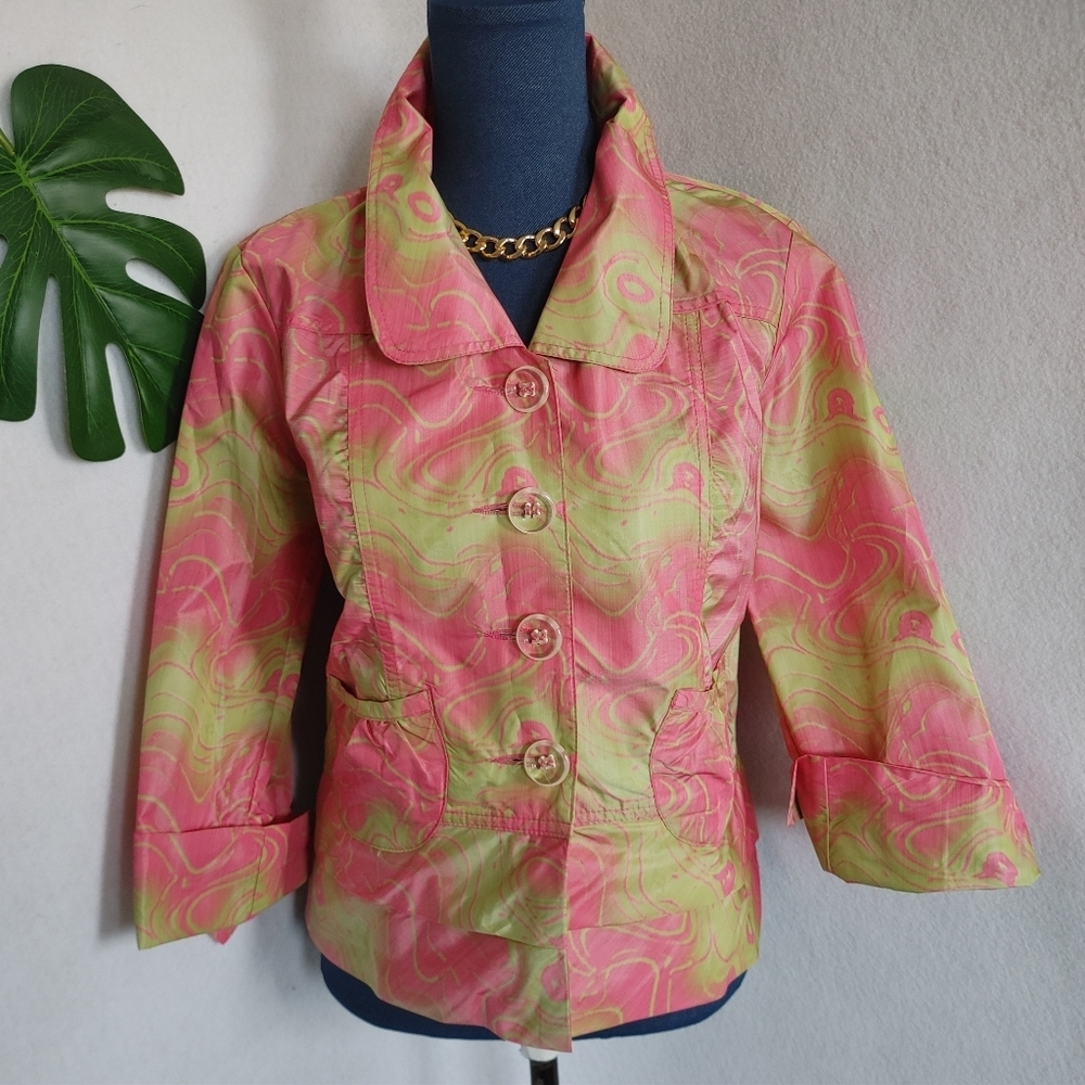Cheryl Nash Windridge Lime Green Pink Swirl Design Jacket